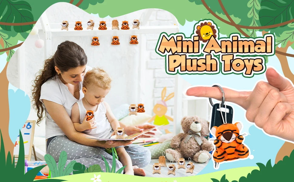 A woman is showing a child mini lion and tiger plush toys to them in a bright indoor setting.