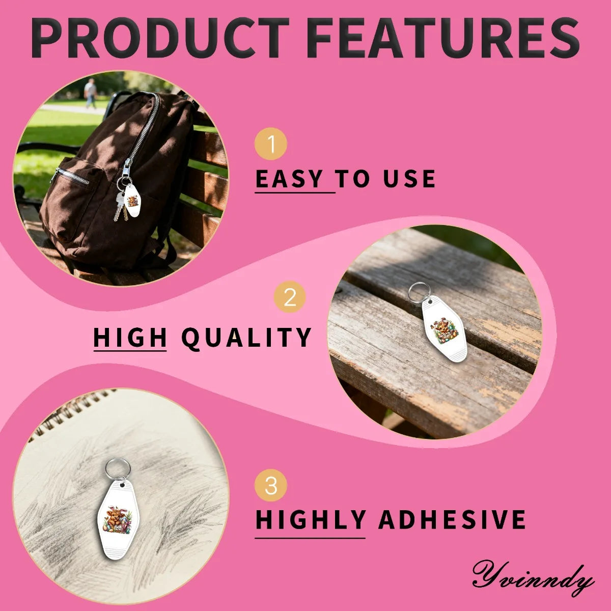 Product features display three points: Easy to Use, High Quality, and Highly Adhesive, showing various stickers and a brown b