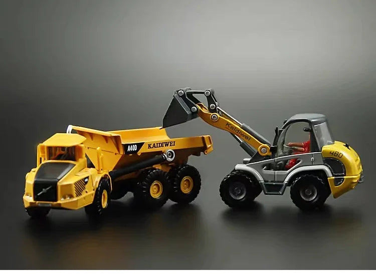 A yellow and gray diecast model of a Kaldwei A400 articulated dumper truck with a hydraulic loader.