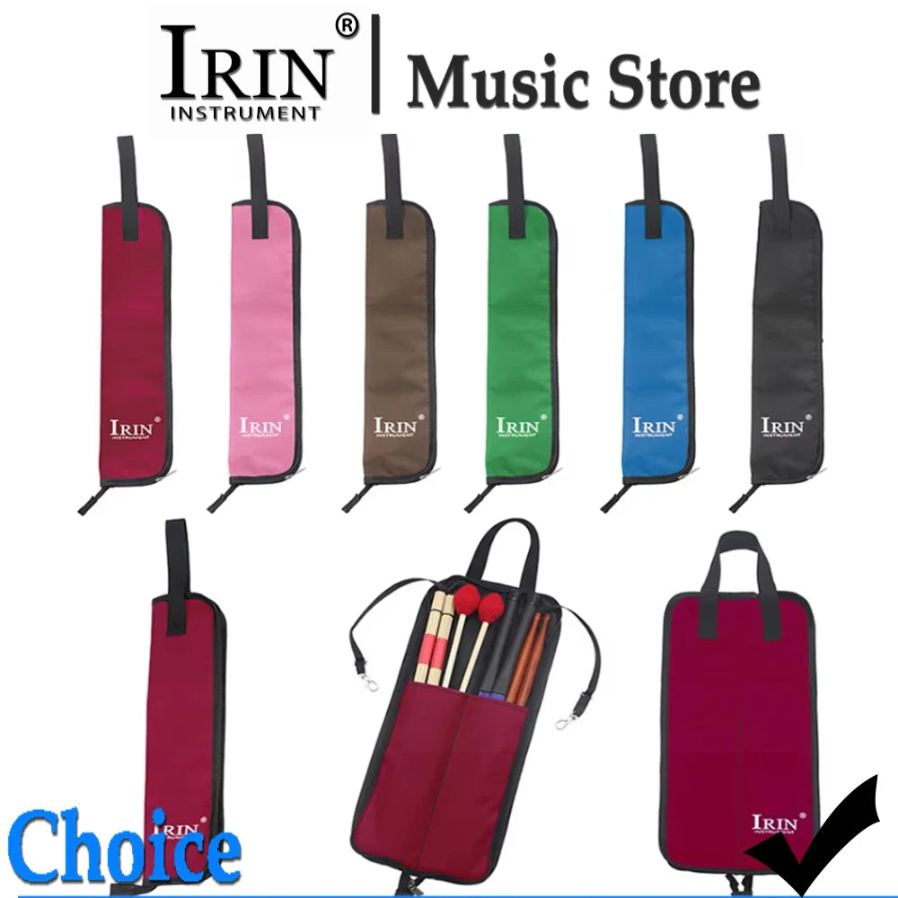A set of dark colored IRIN instrument carrying bags, including a drumstick carrier bag with an Oxford clutch and handle.