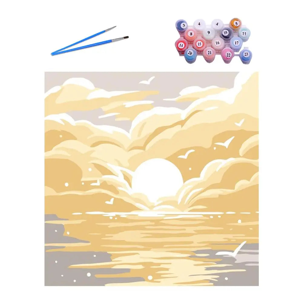 A paint by numbers kit featuring an abstract sunset landscape with clouds and water.