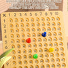 A puzzle board game featuring multiplication exercises with numbered tiles and dice for brain training.