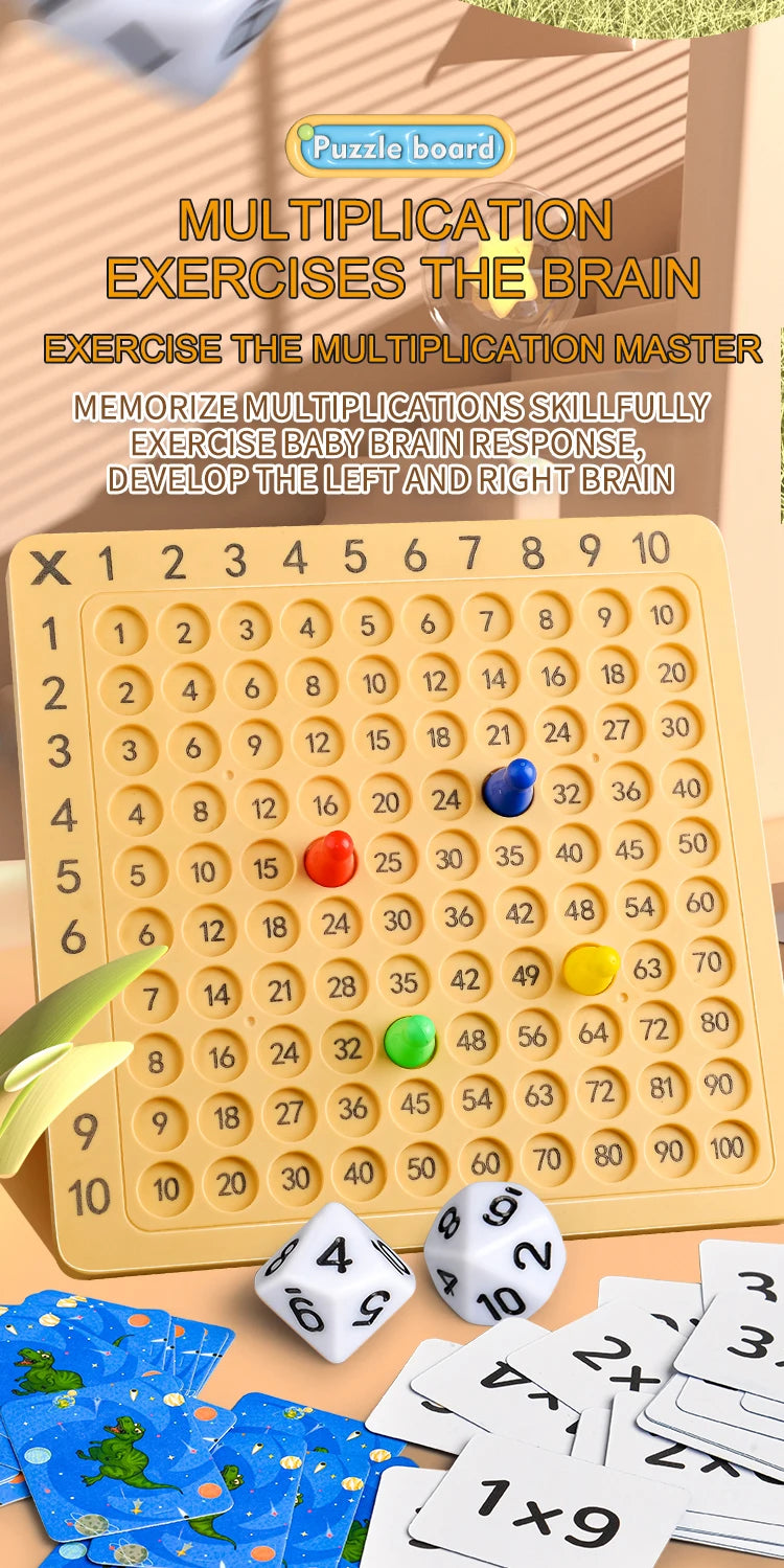 A puzzle board game featuring multiplication exercises with numbered tiles and dice for brain training.