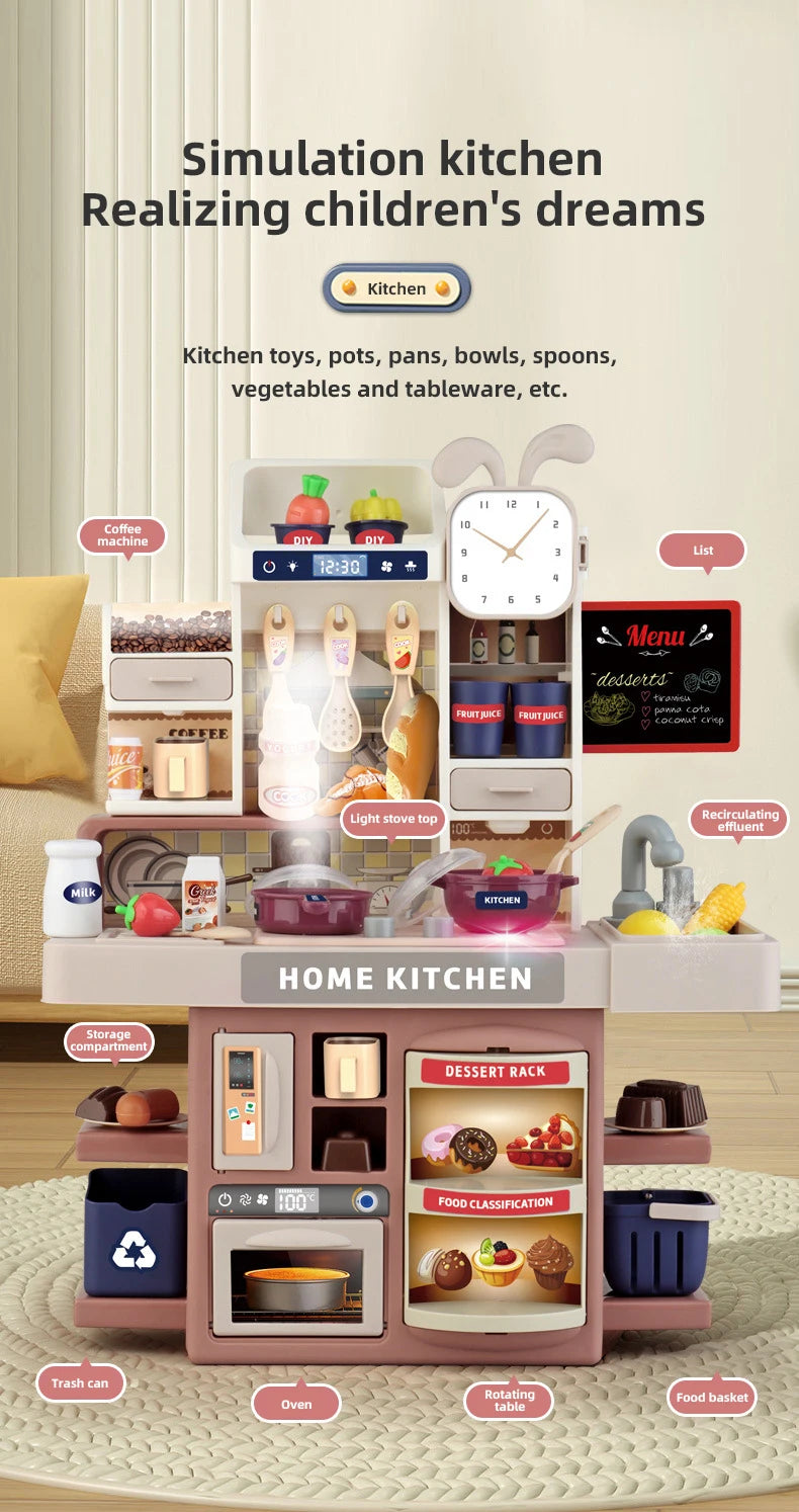 A simulation kitchen play set featuring various cooking tools and ingredients for children's pretend play.