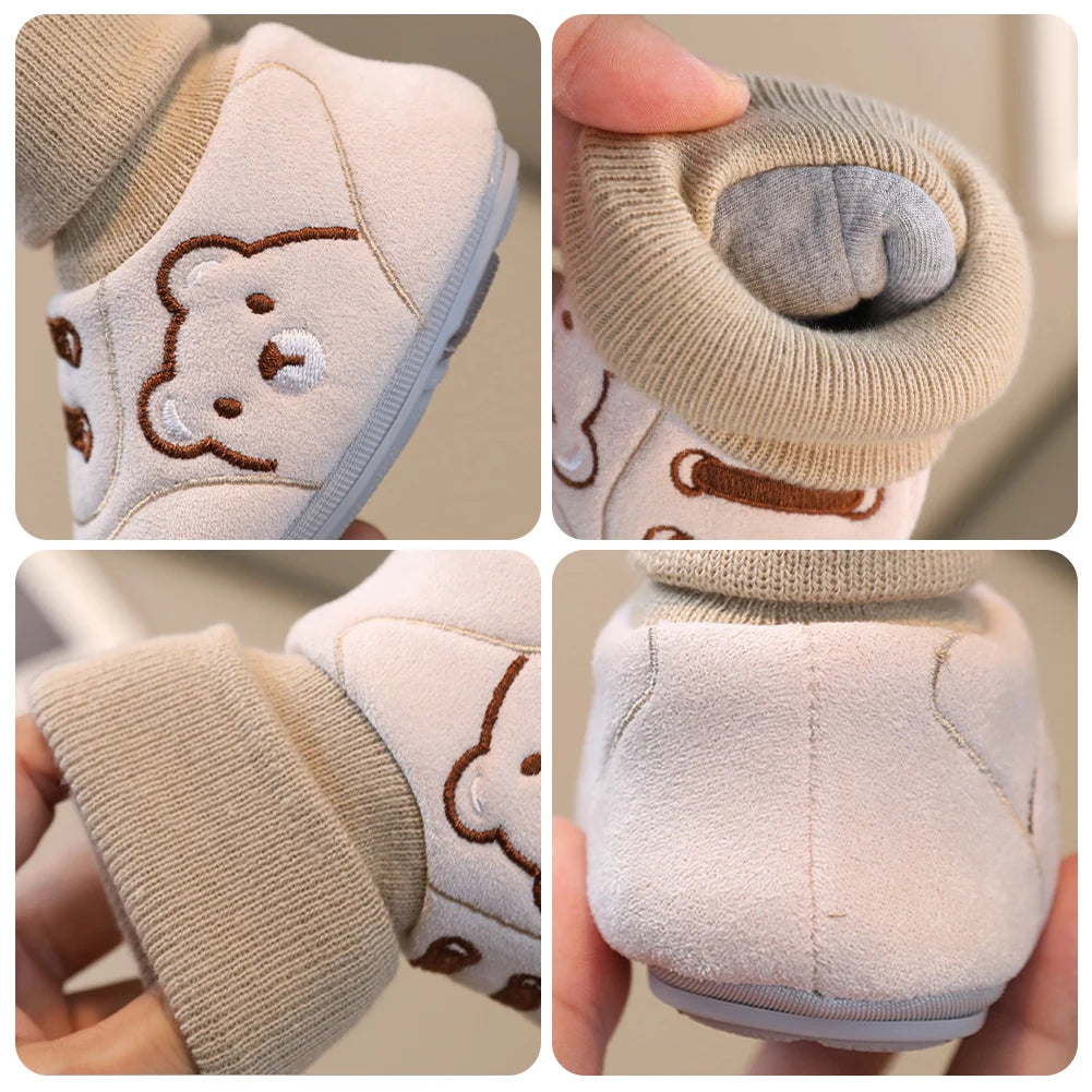 Close-up view of baby soft sole first walker shoes in beige and pink tones showing the upper and sole details.