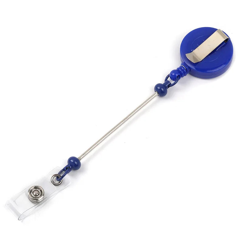 Blue beadable badge reel with a silver retractable clip and clear plastic holder