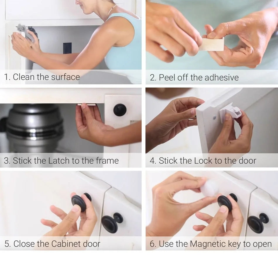 Six steps showing how to install and use magnetic child safety locks for cabinets and drawers