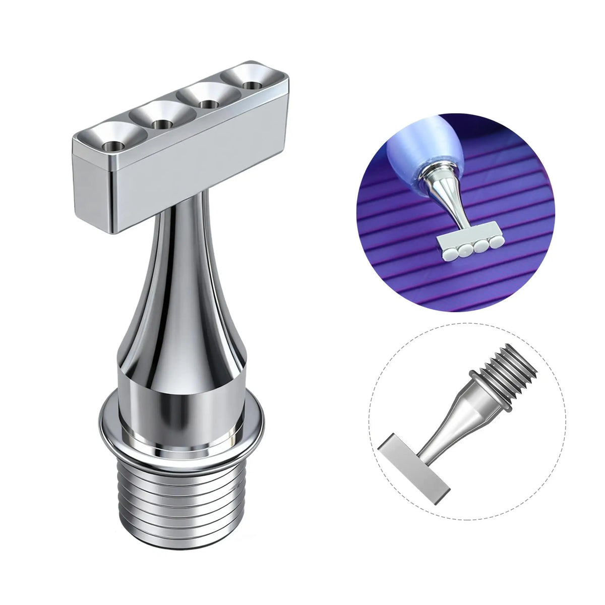 Stainless steel screw-on vacuum diamond painting pen replacement tips with a nozzle and a flat tip shown in detail