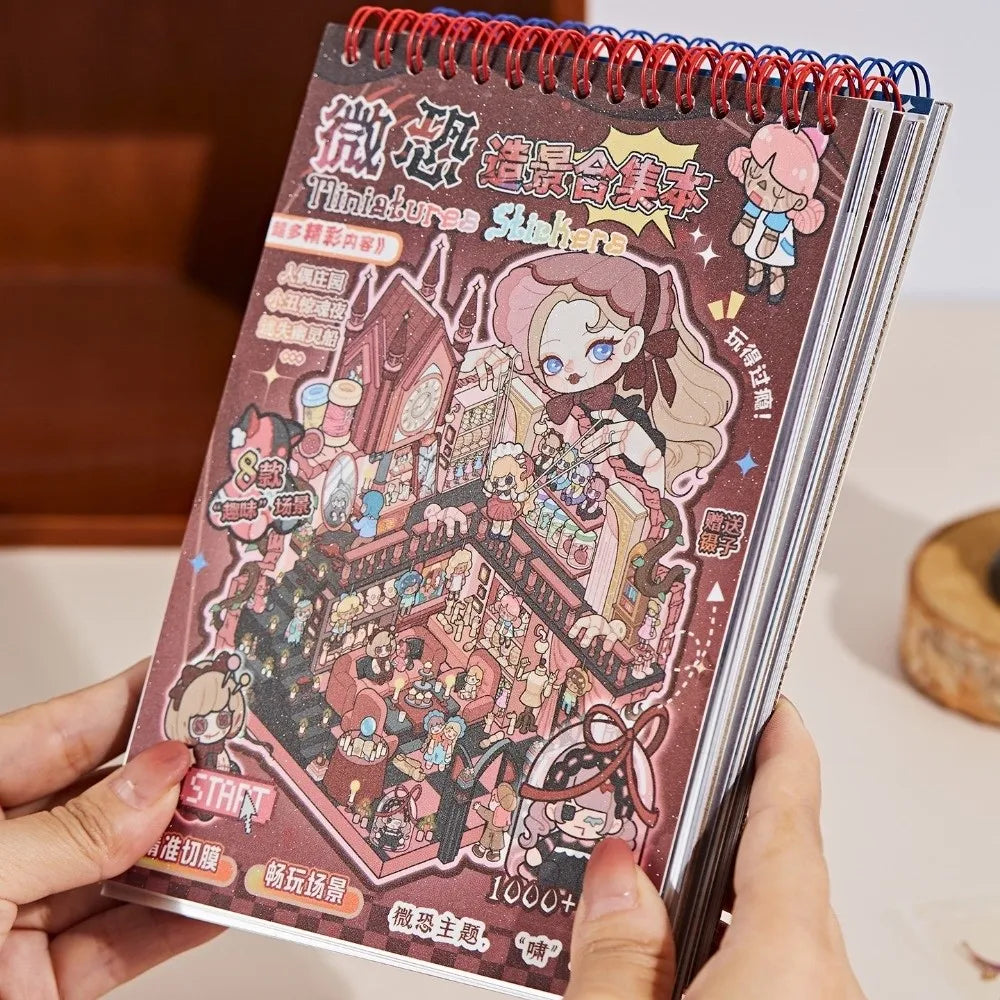 A hand holds a sticker book titled Spooky 3D Scene Sticker Book for Creative Kids featuring colorful illustrations and sticke