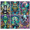 A collage of four detailed fantasy art pieces featuring owls, cats, and a horse in vibrant colors and intricate patterns.