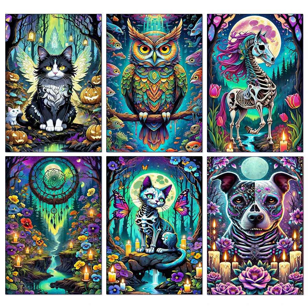 A collage of four detailed fantasy art pieces featuring owls, cats, and a horse in vibrant colors and intricate patterns.