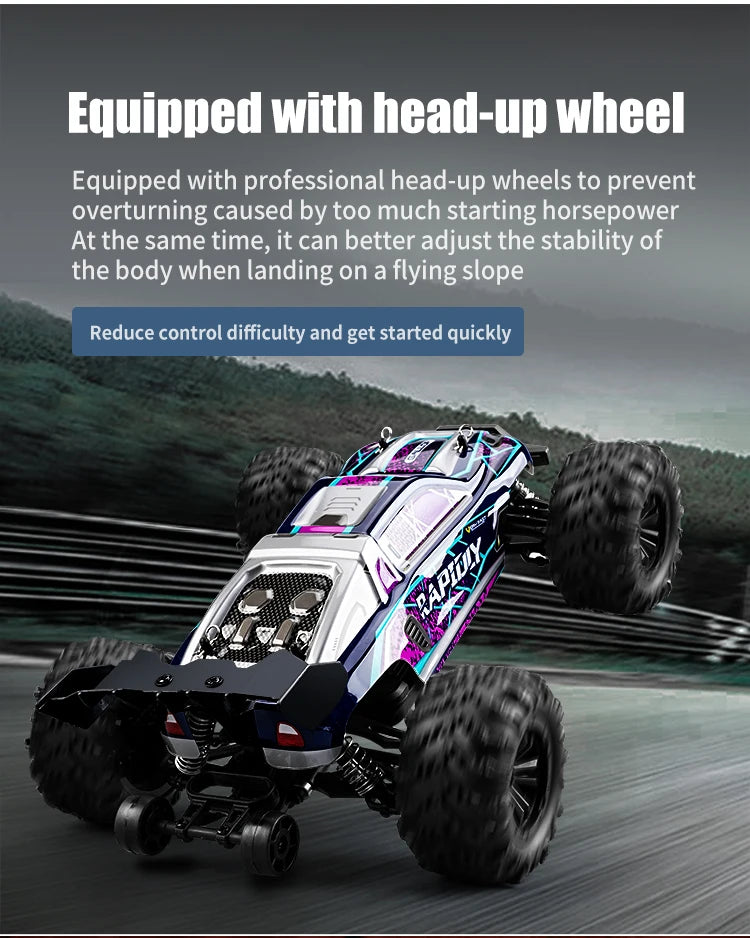 A purple and silver brushless 4WD monster truck RC car with large tires is shown in motion on a track.
