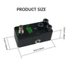 A black mini guitar effects pedal showing its dimensions and controls.