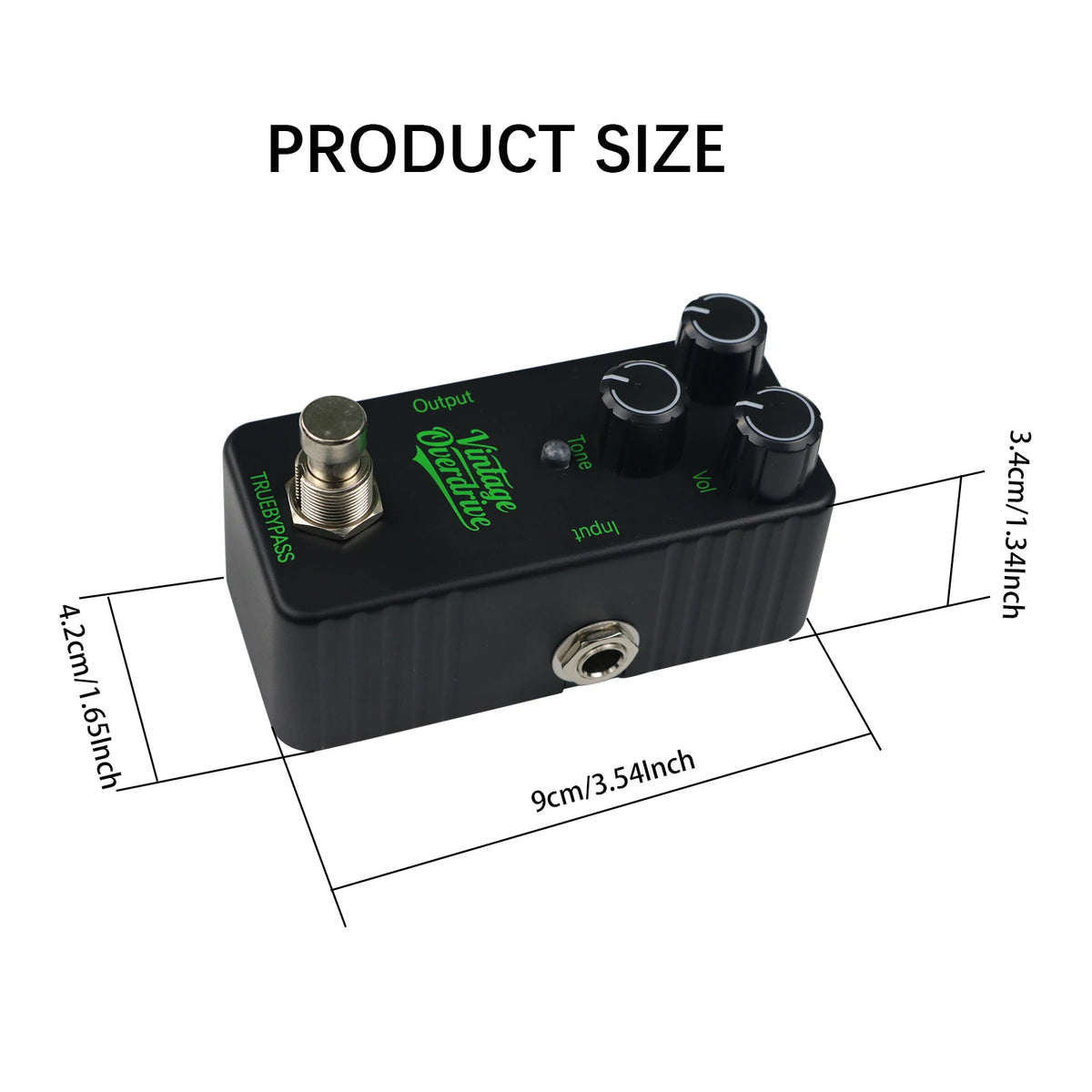 A black mini guitar effects pedal showing its dimensions and controls.