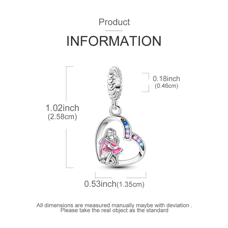 A silver heart charm for bracelets and necklaces, measuring 1.02 inches long.