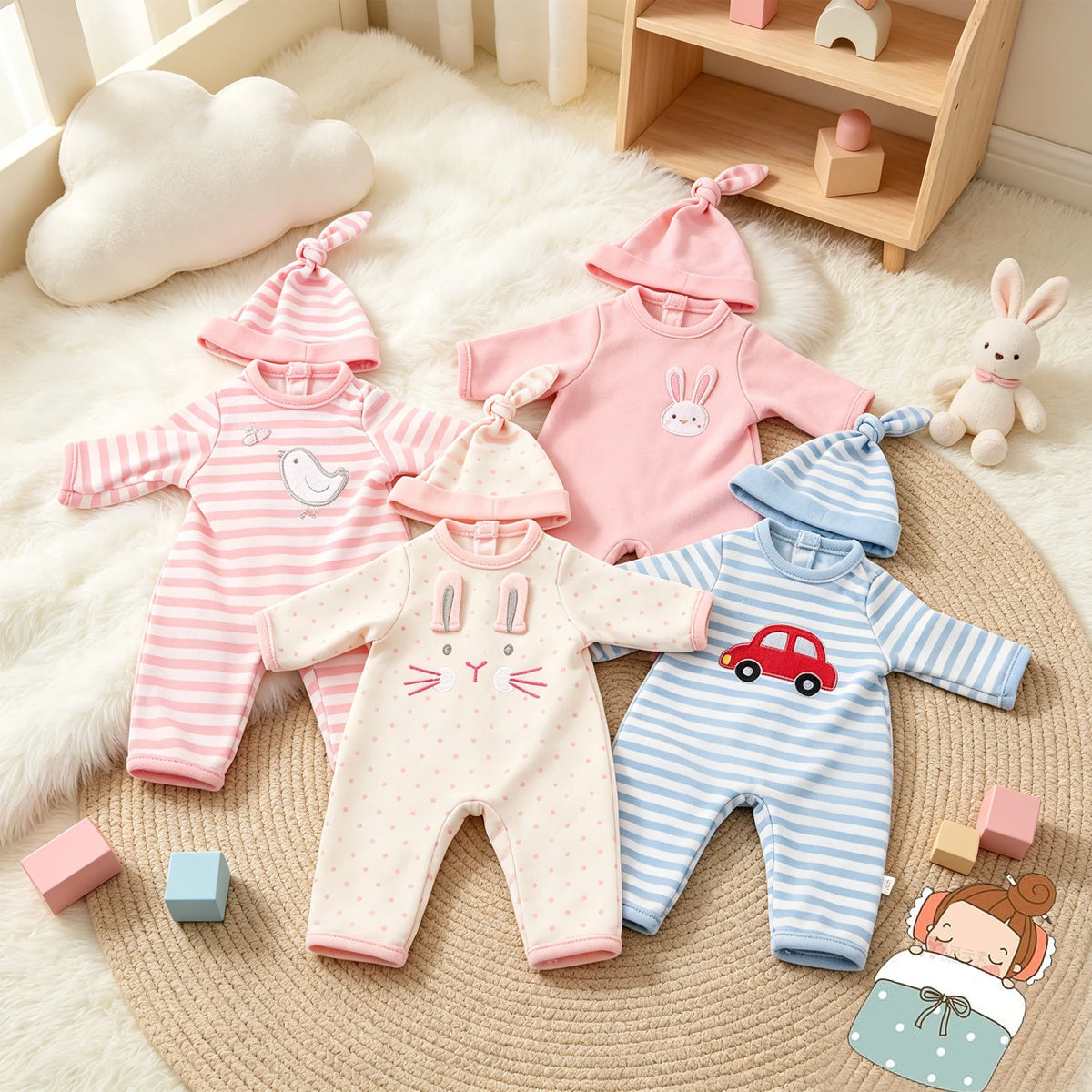 A collection of adorable pink and blue cotton outfits for 12-inch dolls, including hats and full body clothing.