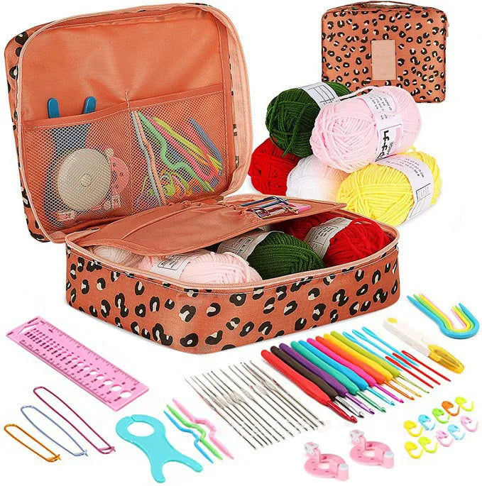A set of 59 crochet needles and yarn with an organizer case and various tools for beginners.