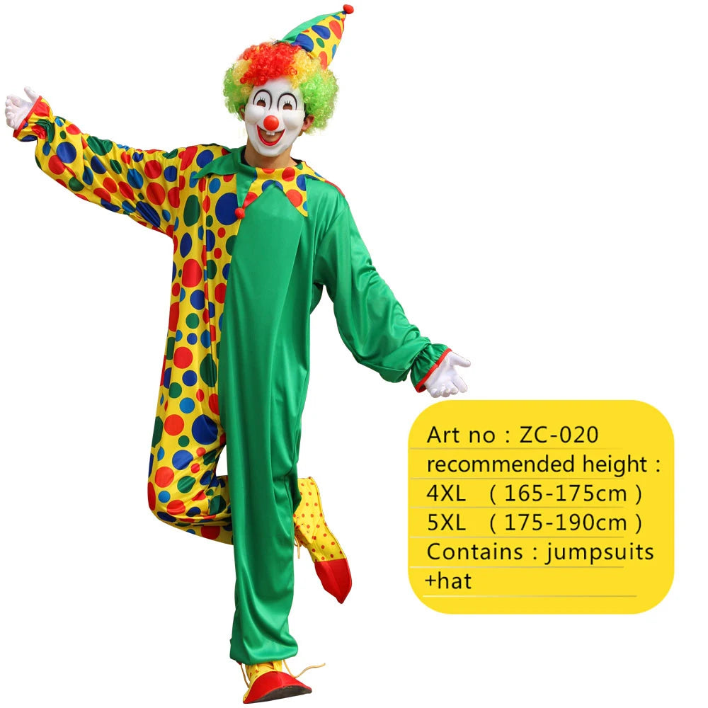 A full clown costume set featuring a white face, colorful hair, and a green jumpsuit with yellow polka dots.