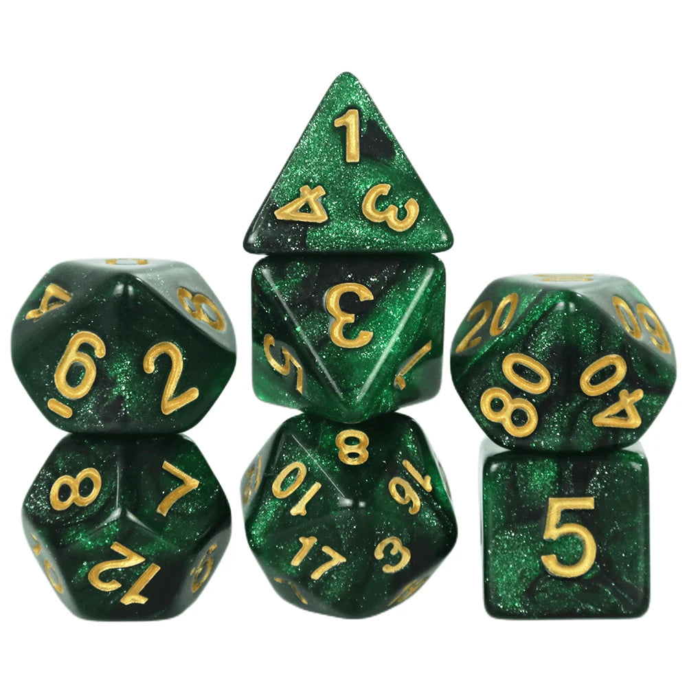 A set of green polyhedral dice featuring a cosmic glitter effect, including a d4, d6, d8, d10, and d20.