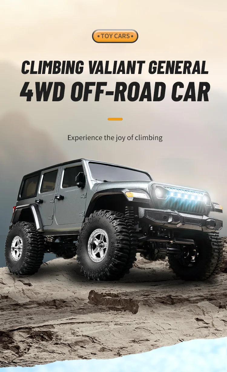A gray 1:18 scale 4WD off-road RC Jeep is shown driving over rough terrain.