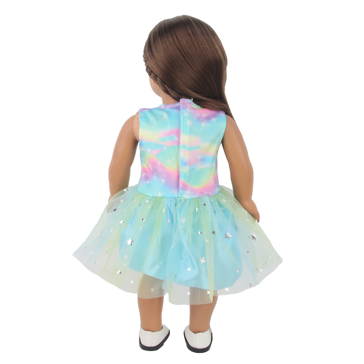 A doll wearing a light blue and iridescent unicorn-themed skirt outfit.