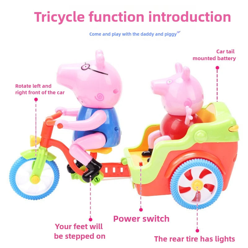 A pink piggy ride-on toy car featuring a rotating mechanism and a detachable car tail battery.