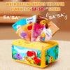 A yellow Montessori soft tissue box toy with colorful animal-themed paper cards inside.