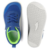 A pair of blue and white minimalist barefoot sneakers shown from the top and bottom views.