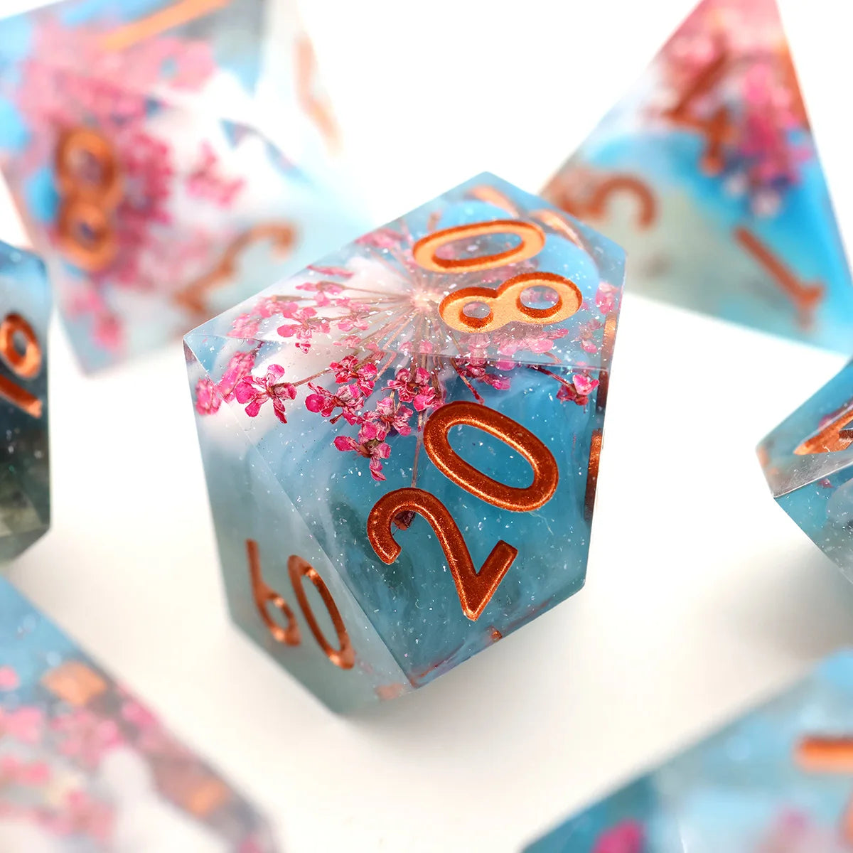 Handmade Resin D&D Dice Set – 7 Polyhedral Dice with Floral Design