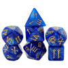 A set of seven blue polyhedral dice featuring Roman numerals for tabletop role-playing games