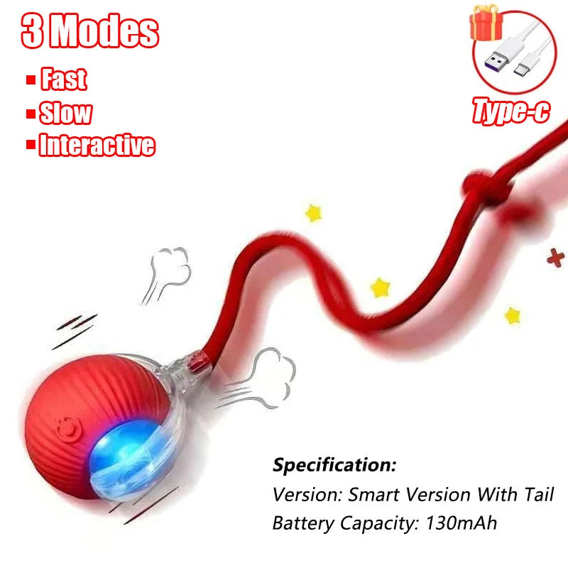 A red motion-activated cat toy featuring a rolling ball and a flexible tail, shown against a white background.