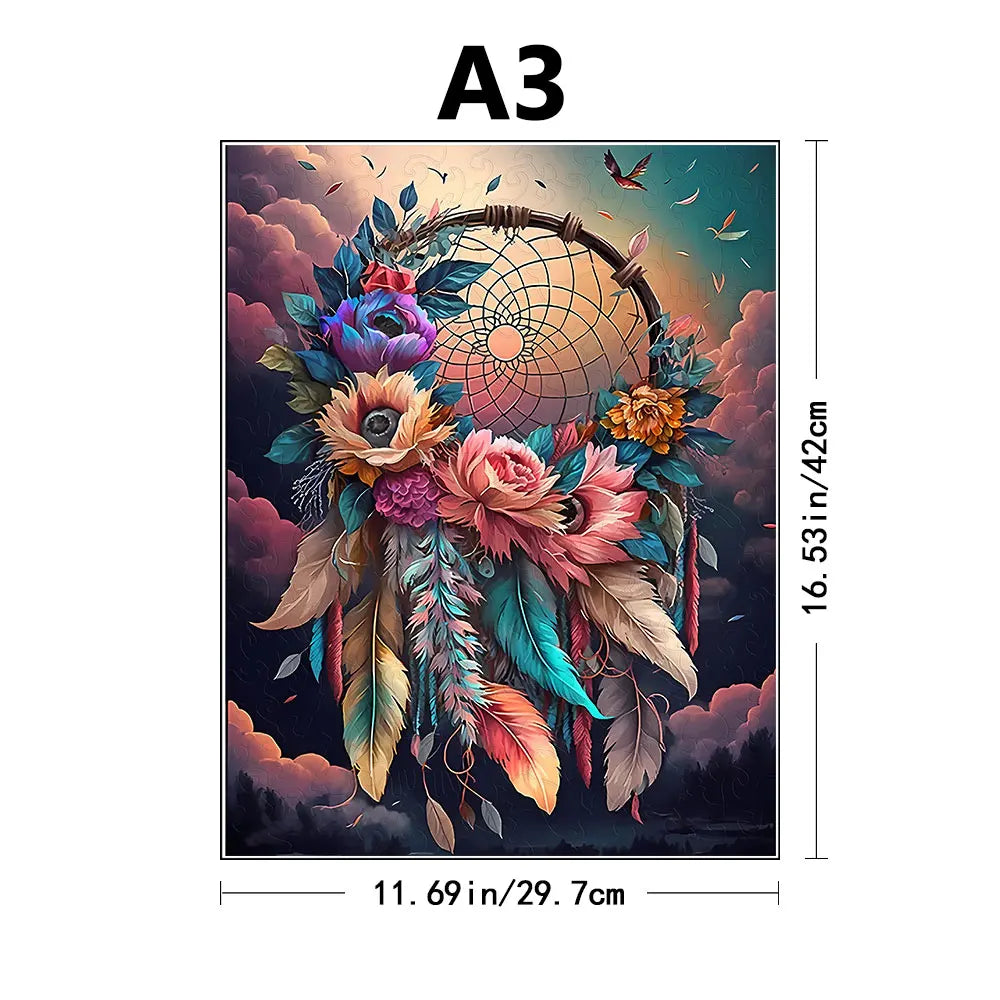 A watercolor painting featuring a wreath of flowers and feathers against a sunset sky.