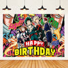 A vibrant illustration featuring anime characters celebrating a happy birthday with colorful text and dynamic effects.