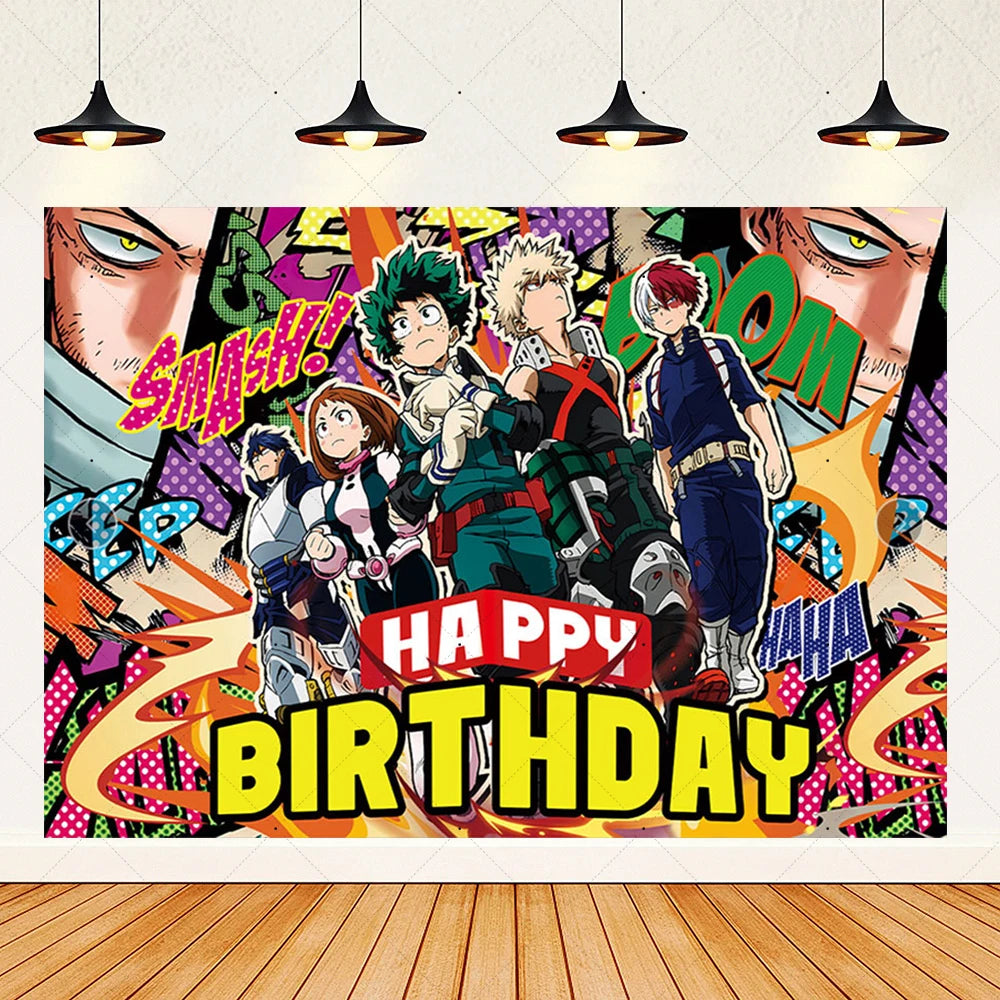 A vibrant illustration featuring anime characters celebrating a happy birthday with colorful text and dynamic effects.