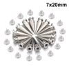 A collection of silver punk cone spike rivets and corresponding washers, measuring 7x20mm.