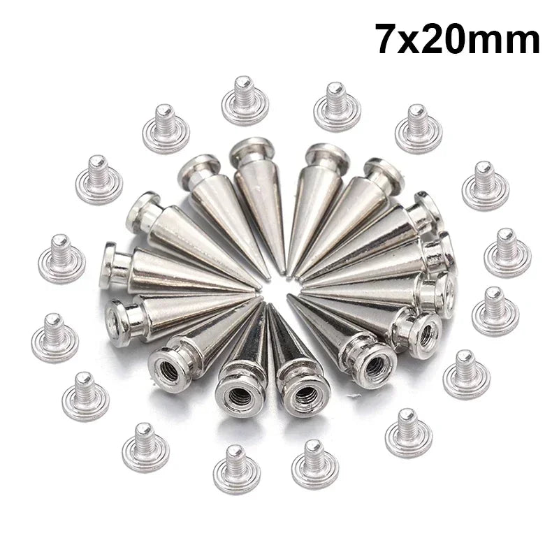 A collection of silver punk cone spike rivets and corresponding washers, measuring 7x20mm.