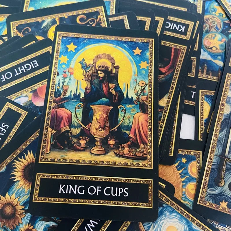 A tarot card depicting the King of Cups with a crown, holding a cup, and surrounded by celestial elements.