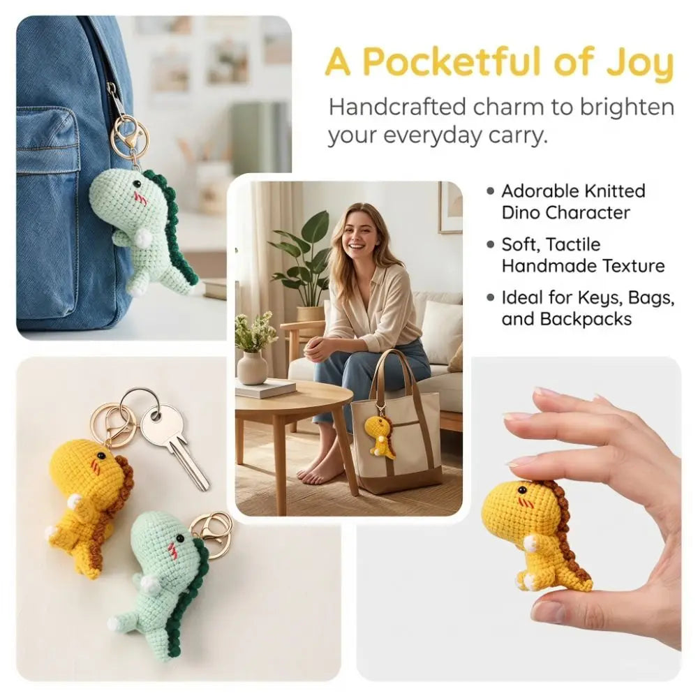 Handcrafted crochet dinosaur charm keychain in yellow and green colors