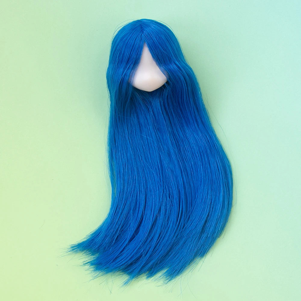 A long, flowing bright blue hair wig displayed against a light green background.