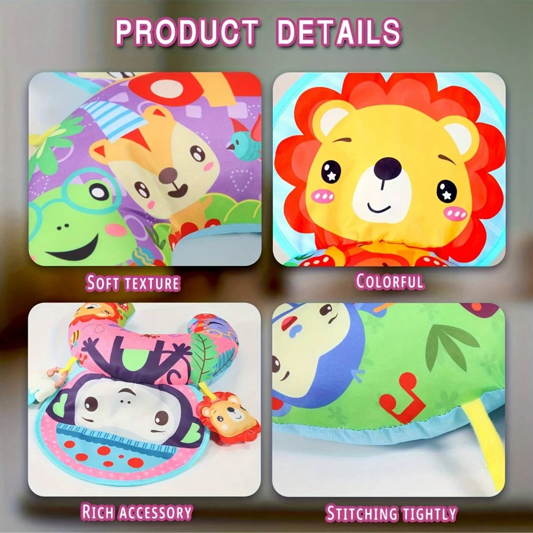 Baby-Tummy-Time-Matte mit bunten Löwen- und Fuchs-Designs, weicher Textur und Requisiten