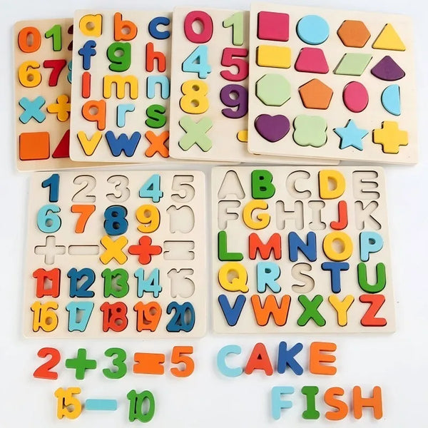 A collection of wooden puzzles and sorting toys featuring numbers letters and simple equations like 01 67 X and ABC XYZ