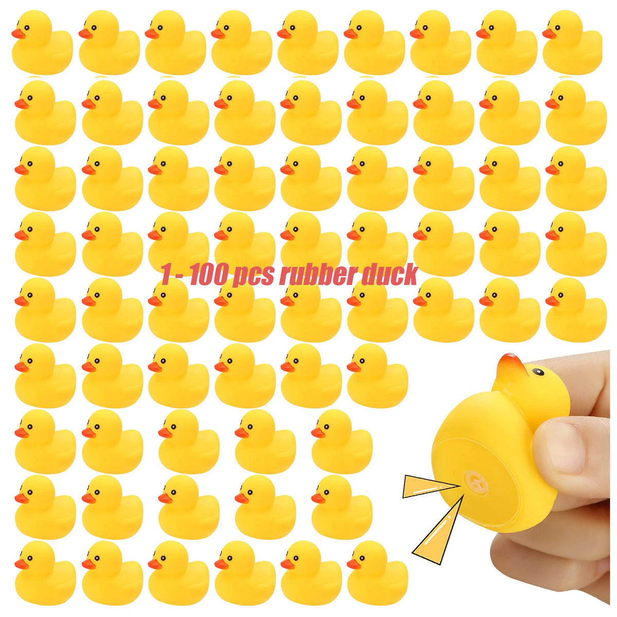 A set of yellow rubber ducks shown in various arrangements and held by a hand.
