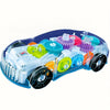 A blue stunt car toy featuring rotating parts, lights, and music components.