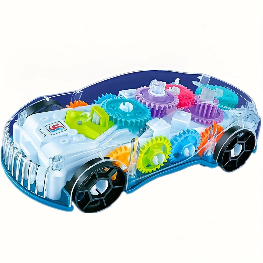 A blue stunt car toy featuring rotating parts, lights, and music components.