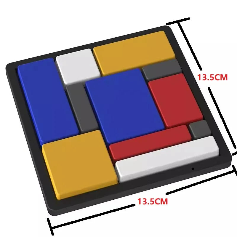 A rectangular puzzle board with nine colored squares, including blue, yellow, red, and white sections.