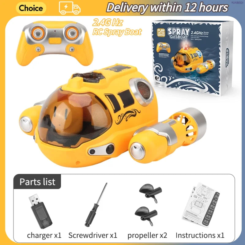 Bateau à spray électrique jaune avec accessoires et boîte d'information produit.
