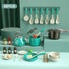 A set of 32 pieces of kids pretend play kitchen utensils including spatulas, spoons, and various pots and pans displayed on a