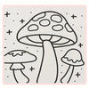 Outline drawing of various mushrooms on a light background with small plus signs