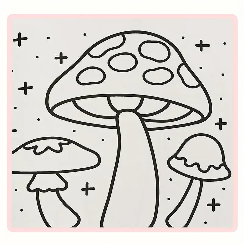 Outline drawing of various mushrooms on a light background with small plus signs
