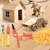 Cardboard construction kit for kids featuring a dinosaur house, tools, and storage box components.